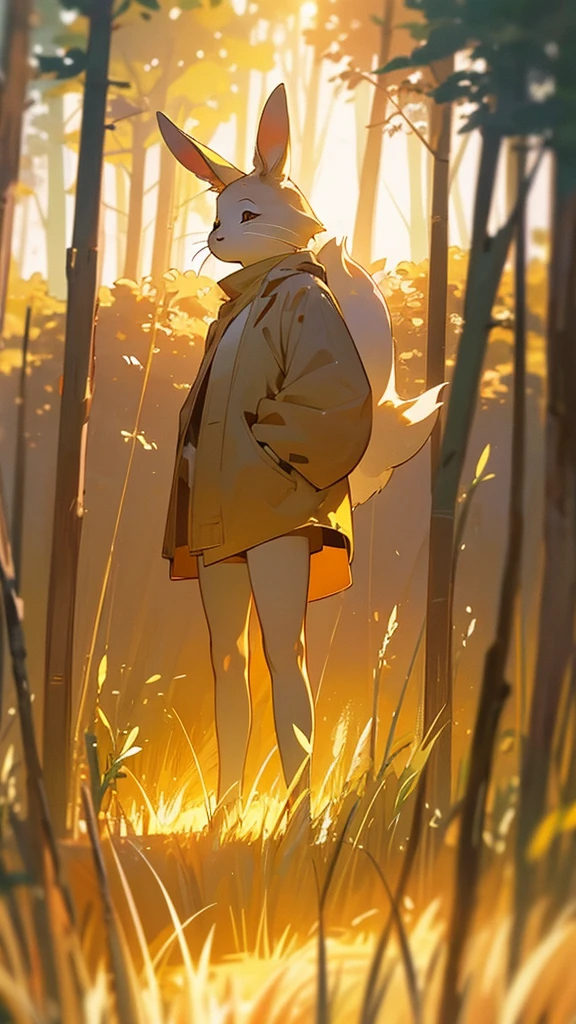 The bunny stands in the meadow, bathed in warm, golden sunlight. The scene is peaceful, and the bunny looks content and less fearful as it enjoys the new surroundings.