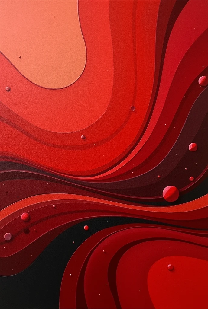 The painting is rectangular, abstract, smooth lines, arched lines, small and medium circles, interesting texture, colors are all shades of red
