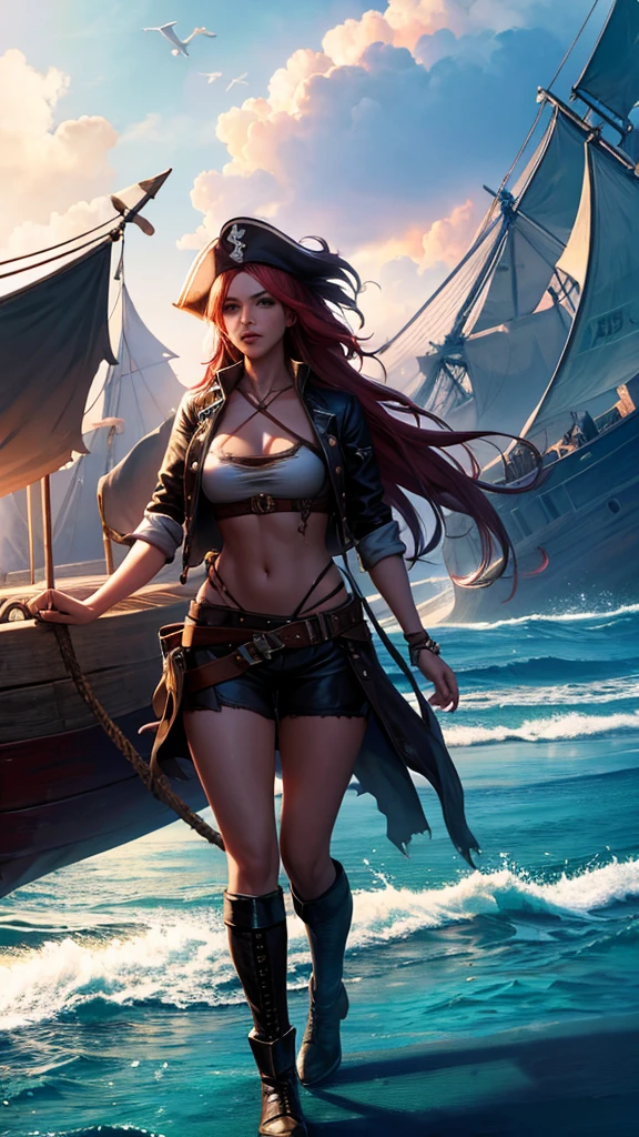 A female pirate in torn clothes stands on a pirate ship in the middle of the ocean, high resolution images 4K,Ultra quality, shadow light