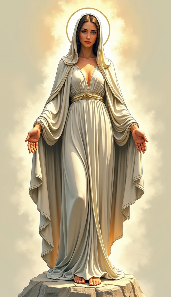 a very beautiful Virgin Mary, nude, Halo, whole body, Cel Shading, Bold outline, Flat Color, Sharp Shadow, Graphic Style, (Manga influence:1.3), Beautiful line drawing, Impressive visuals,comics