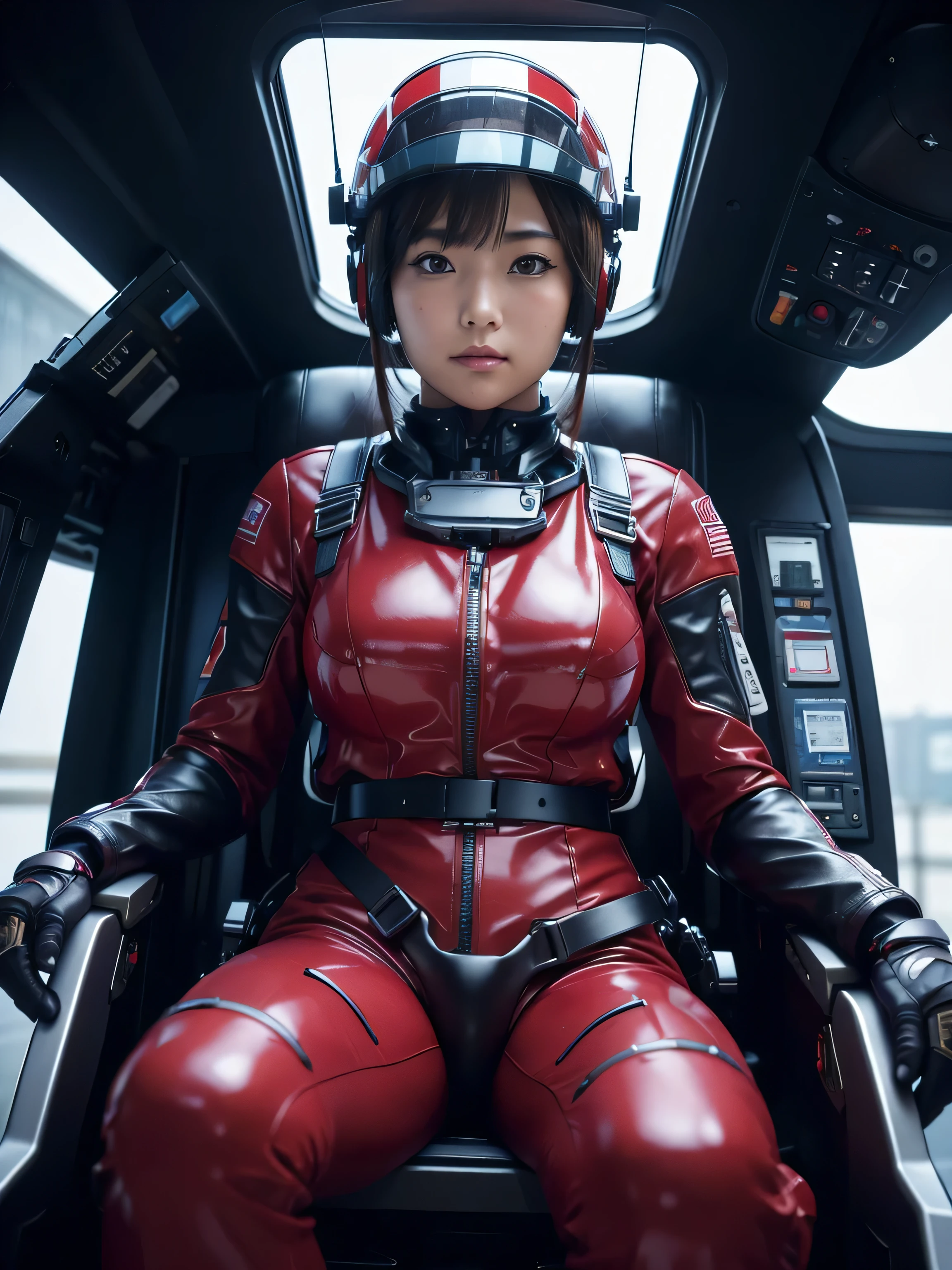 masterpiece, Highest quality, Very detailed, Japanese Android girl, Beautiful 2 Japanese woman, Plump,Huge Breasts,Control panel,Android,cyborg,Blunt bangs,Sitting in the cockpit and piloting,The control stick is in the center of the seat.,Red pilot suit,Secured to the seat with a harness,Full-face helmet,