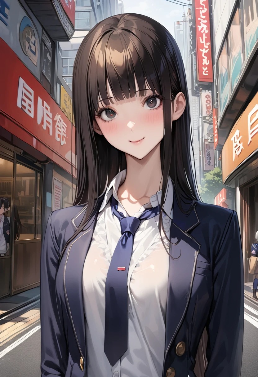 ((masterpiece,best quality anime,Highest quality:1.3)),realistic,upper body,1woman,(30 year old beauty),((very small head:1.4)),((very long body:1.4)),straight long hair,black hair,(gorgeous big eyes),black eyes,smile,((slender body:1.4,skinny:1.3)),medium breasts,(School uniform、Dark blue blazer jacket、Navy blue tie、White shirt、Navy blue pleated skirt),gleaming skin,shiny skin,standing,on street、Shinjuku、Tokyo、
