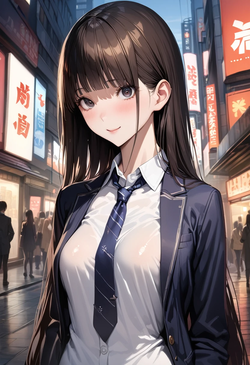 ((masterpiece,Highest quality:1.3,best illustration,realistic)),nsfw,cowboy shot,1woman、独奏,27 year old Japanese beauty,((very small head:1.3)),center parted bangs,forehead,black hair,long hair,black eyes,gorgeous eyes,Black-rimmed glasses,shy,tears,medium breasts,((very long body:1.3)),((toned body,slender body,skinny)),(School uniform、Dark blue blazer jacket,Navy blue tie、Grey plaid pleated mini skirt),nipples,gleaming skin,sweat,on street,Tokyo、