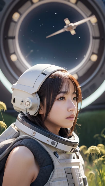 Awards (whole body:0.8) (Portrait Photography:1.3) young woman (Sci-Fi Astronaut:1.3) in (Military tanks:1.4), (Stargate:1.4), Gaze upon a lush alien planet, (Mountain々:1.2) (Tall Grass:1.4), rock, Fluffy clouds floating in the sky, アートステーションin話題, Very detailed, Finer details, Complex, (Lens flare:0.6), (Backlight:0.8), (bloom:0.8), UHD with shallow depth of field.