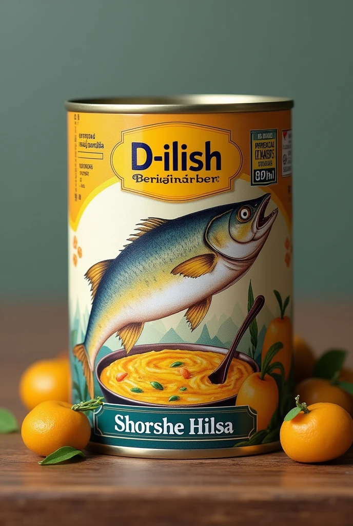Package design for Canned Fish. Parent Company is D-Ilish and a product by ALLFin. The product name is shorshe hilsa. Remember its a canned fish.