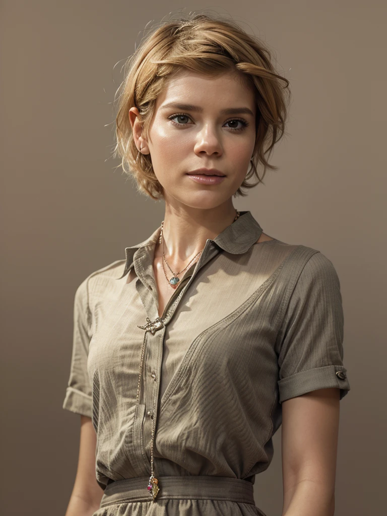 (((Kate Mara: 1.0))), androgynous, small and cute ears, she is in (((shirtdress)), gentle, (Seductive Smile: 0.8), (((pixie hair))), (short hair), ((blond brown hair)), Warm, ((proud standing posture)), (((full body pov))), ((melancholic)), (dark and bright), (cinematic shot), single person, ((talking on the phone)), ((nightlights)), concept art, symmetry, masterpiece, (high details), high quality, highres, 16k, anatomically correct, super detail, high details, high quality, highres, 16k, anatomically correct, super detail, ((((no necklace)))), ((((no jewel))))