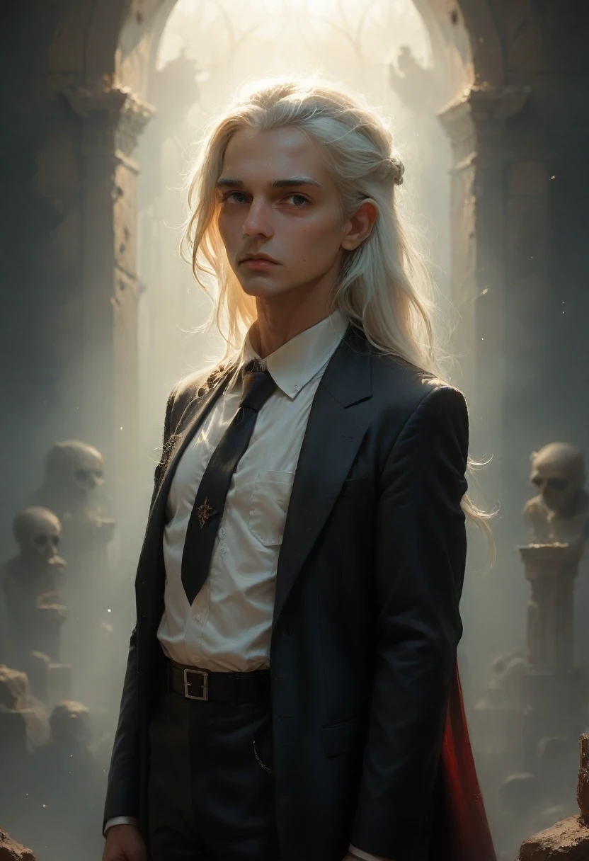 Hyperrealistic depictions of female characters by David Hockney and Alphonse Mucha, fantasy art, realistic art, dynamic lighting, ArtStation, Volumetric lighting, very detailed faces, 8 thousand.,Full HD, award-winning,, 1 girl, In the dark, deep shadow, restrained, cowboy shot, (Formal attire: 1.4), long hair, White hair, hair with black glitter