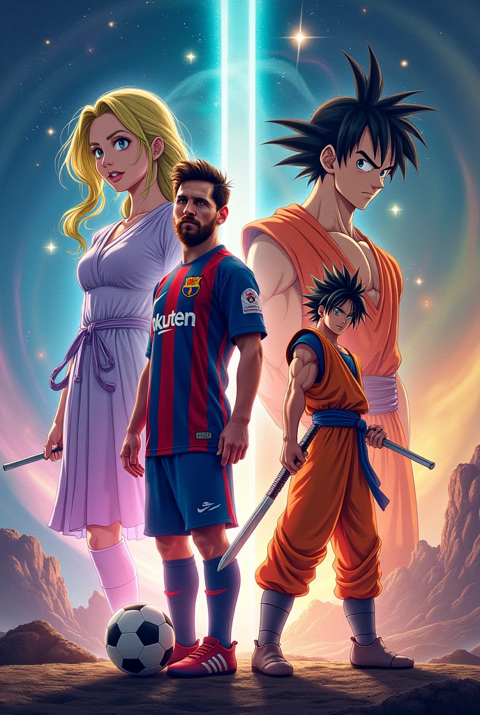 Create a wallpaper where Messi, Rapunzel, Zoro from One Piece and Goku appear