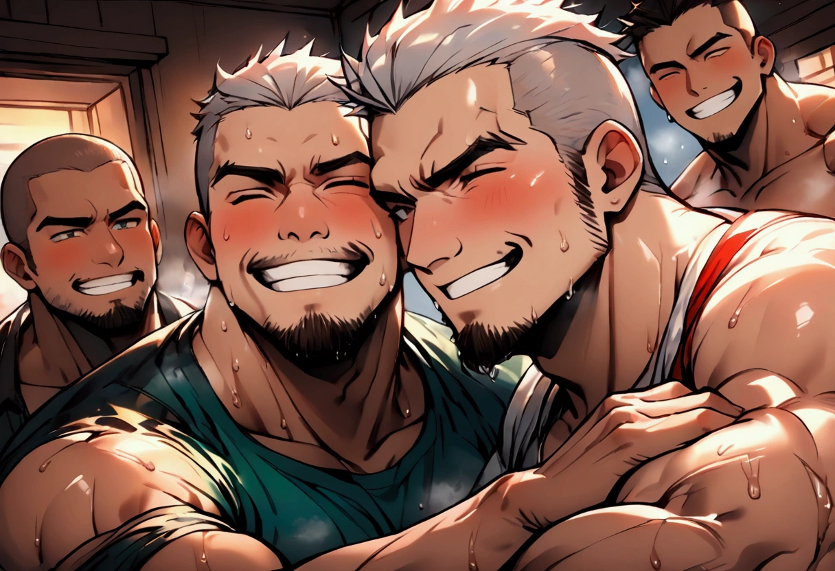 3boys, multiple men, best friends, having fun, laughing, enjoying,detailed background, muscular, mature males, short hair, facial hair, waterfall, river, chest, underwear, splashing water, rippling muscles, good body, good hands, love, shirtless