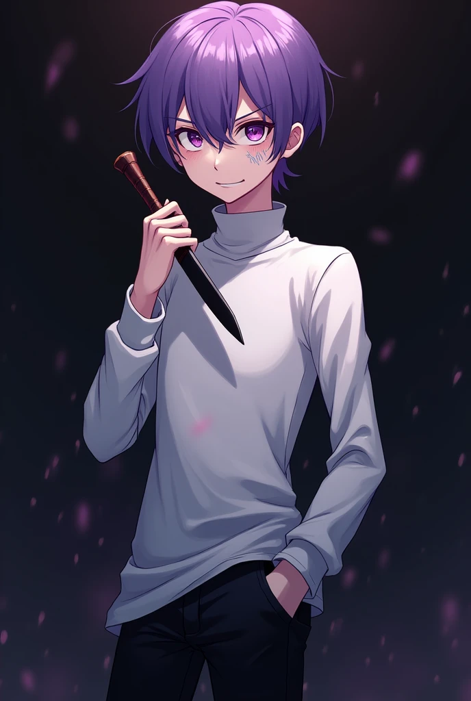 anime style, 16K, a high resolution, Best quality, high quality, super detailing, high detail, accurate, masterpiece, uhd, 1male, boy, tall height, thin build, violet pupils, wide white turtleneck, wide black pants, black shoes, violet hair, short hair, slicked back hair, diabolical smile, sinister look, look at the viewer, Wide open right eyes, detailed eyes, white reverse cross print on right eye, hold left arm on pocket pants, right arm holding full black knife near neck,