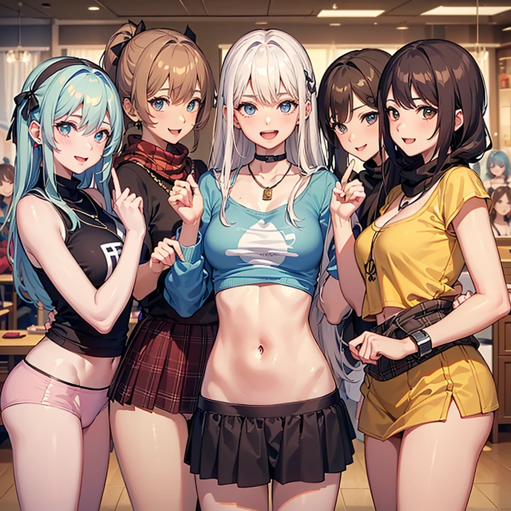 ((best quality)), ((masterpiece)), (5 girls:1.5), Three cute girls posing in bedroom, (shirtを持ち上げる:1.3), (5 people standing together), (Close-up shot from waist up), (Open mouth smile:1.3), Ray Tracing, ((Topless)), (), nipple, Chest, Headband, scarf, Hair ring, 女式shirt, shirt, (High-resolution face:1.5), (High Definition Fingers 1.5),, , , , ((No underwear)), Cat, Wearing skirts is prohibited, Asia, Westerners, Silver Hair, Brown hair, Blonde, (belly button), Jewelry, Looking at the audience, necklace, Long hair, short hair, (Abdominal muscles),(Written border depth),