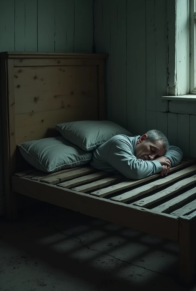 A 40-year-old man,Sleeping alone in an old house without a mattress、Wooden bed without quilt,