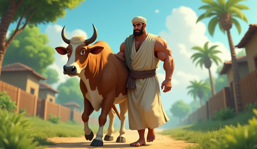 Animated image of a Muslim man standing tall with a large body carrying a cow
