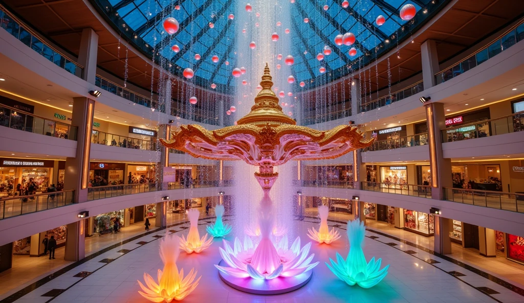 I want to do hanging pushpak (peacock) viman in a central atrium of a mall with fe kinetic balls and Giant Lotus ( Inverted) as a center piece of the decor for Diwali.  The atrium's size would be 80 feet x 80 feet wide and the Hanging Kinetic balls (Sized : 1 feet Diameter) should be near about 150-200. The kinetic Balls are hanging around the lotus center piece.

The AI generated IMAGE should be elegant and in ratio of 16:9.