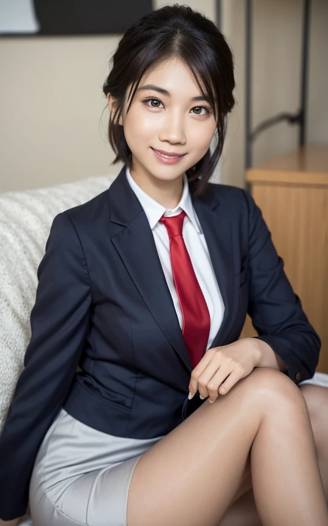 girl, Hyper Realistic, masterpiece, smile, portrait, bobhair, light gray pencil skirt suit, white shirt, red necktie, pantyhose