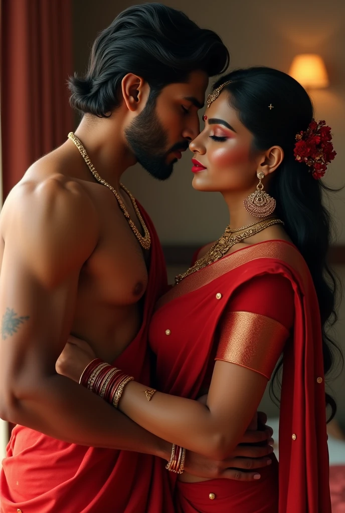 Make a 3d real image where a hindu women wearing red saree red blouse red lipistick golden jhumka in ears and golden bangales in hand gold manga sutra in neck and other orna ments sindoor on forehead she is in bedromm a guy who is husband of her he is biting her ears and touching her kamar in sexy and lusty way