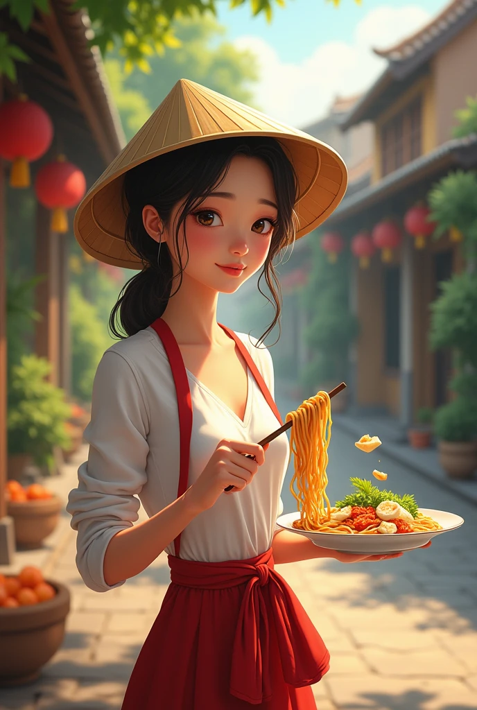 A Vietnamese girl wearing a conical hat serves vermicelli with tofu and shrimp paste