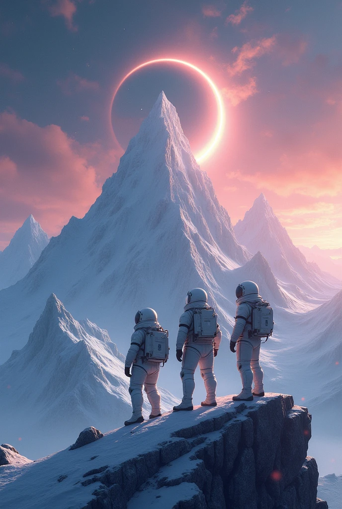 Exo planet spacial glacial, cosmonaut explorers on top of a mountain, eclipse