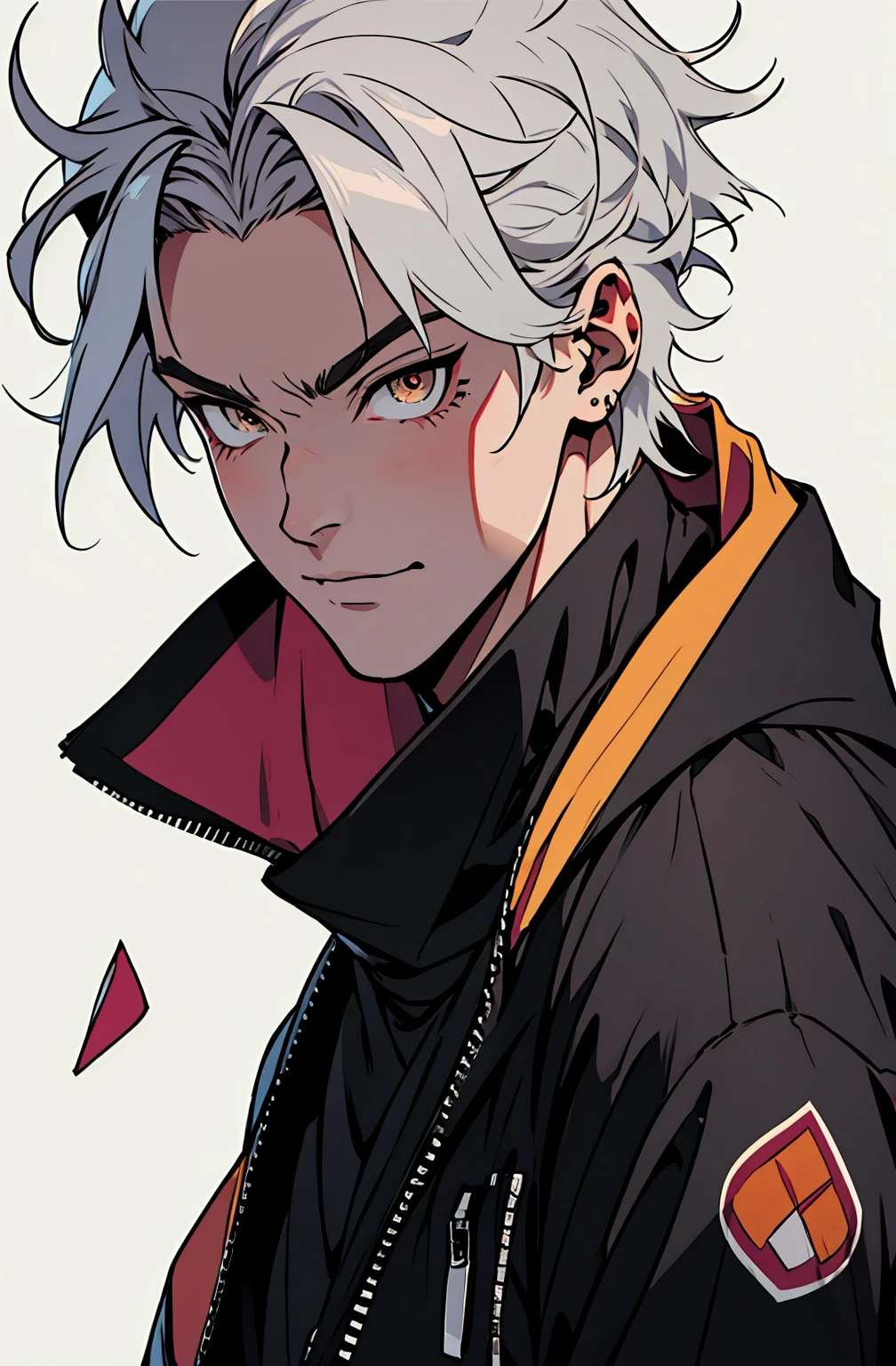 2d,flat design, Best Quality, 8k, High-resolution images, Anime Jujutsu Kaisen , Fine strokes, Photo with blurred background, , (Close-up angle), 1 person, young, male, model,, Multicolored background with different geometric shapes , M-VOLTA sticker, Silver Hair, Redhead, Wearing a cold jacket , Striking eyes , With the shirt,