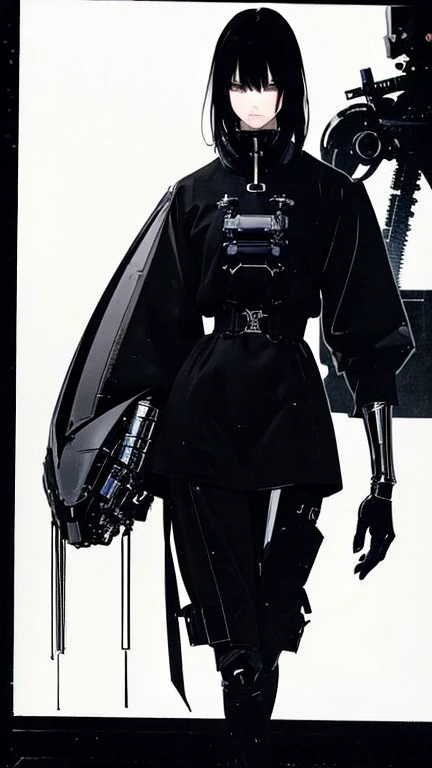 Black Hair、Cold look:1.5、Japanese woman in her 30s、Dark Background、One Cool Lady:1.5、night、whole photo、Dark Eyes、Black gloves、Ominous Machine Lifeform、Nihil、Half of his body is made of machinery、Mechanical Man:1.5、Modern clothing:、Creepy、Scary atmosphere