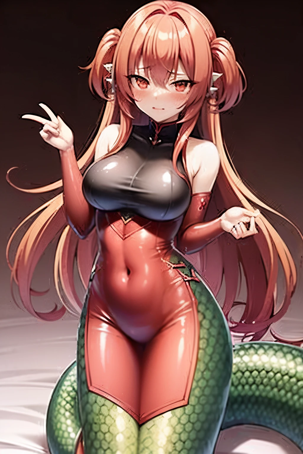 Lamia, anime girl, lamia girl, red hair, 2 girls, embarrassed face, blushing