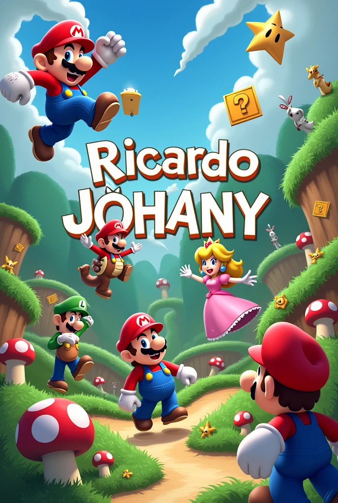 Create a background of mario bros characters with the words Ricardo Johany in the center in bold letters