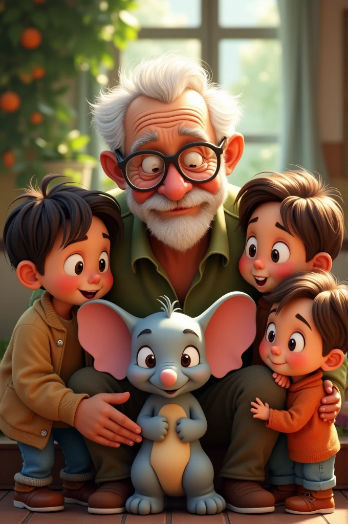 Grandpaa who is wearing specs along with 4 children (3 boys and 1 girl with an elephant face) 