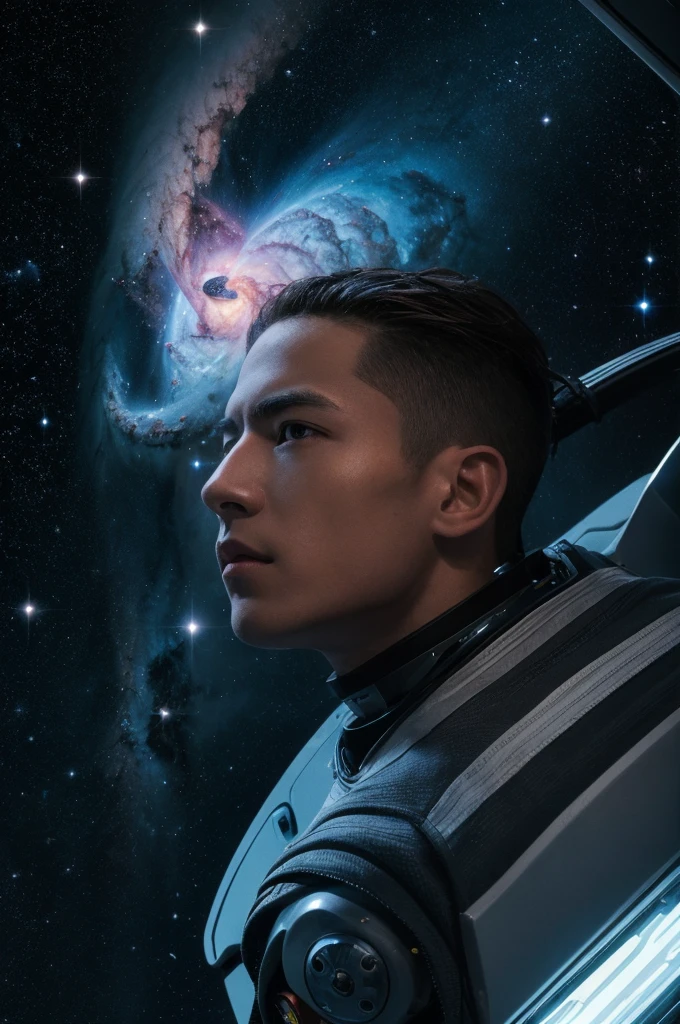 (best quality, masterpiece),Detailed,1boy,astronaut,complex portrait of a sci-fi Borg floating in outer space,nebula,galaxy,Looking forward,(cybernetic limb:0.7),