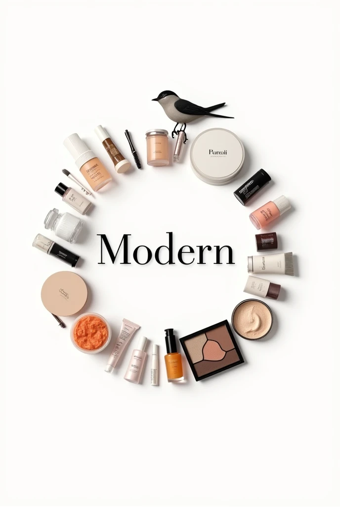A logo for a beauty brand named "modern" with all the realistic beauty products around it in a circle and a small bird on top of the letters of the name