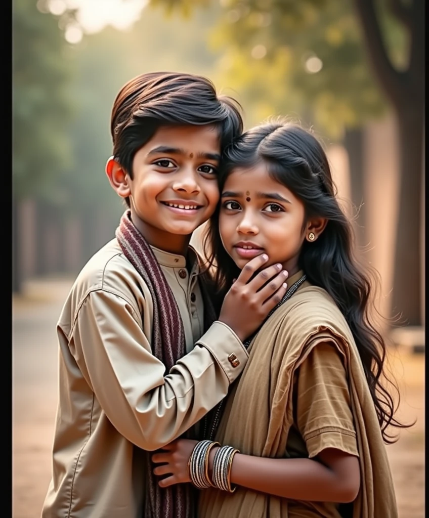 A young boy and girl, dressed in traditional Indian attire, stand close together in a warm, golden light. The boy has a gentle smile, his hand resting on the girl's cheek, while she looks at the camera with a hint of sadness.  They are both wearing soft, earthy tones, creating a sense of intimacy and quiet contemplation. The background is blurred, focusing attention on the children.Imagine The image is a portrait of two young children, a boy and a girl, standing close together and smiling at the camera. The boy is on the left side of the image, wearing a beige kurta with a striped scarf around his neck. He has dark hair and is looking directly at the viewer with a slight smile on his face. The girl on the right side is wearing a traditional Indian outfit with a brown dupatta draped over her shoulders. She has long dark hair that is styled in loose waves. He is covering her face with his hand. The background is blurred, but it appears to be an outdoor setting with trees and greenery. The lighting is soft and warm, creating a peaceful and serene atmosphere.

[Real picure, Realistic Portraiture], [Reference: DSLR Picture] , [Lighting: Warm, golden light, soft shadows, shallow depth of field, 50mm lens, natural texture of fabric, slightly desaturated colors, warm color palette]