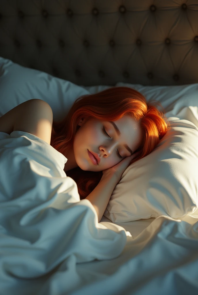 Redhead girl in bed asleep with sheets revealing her legs and her invisible clothes removed