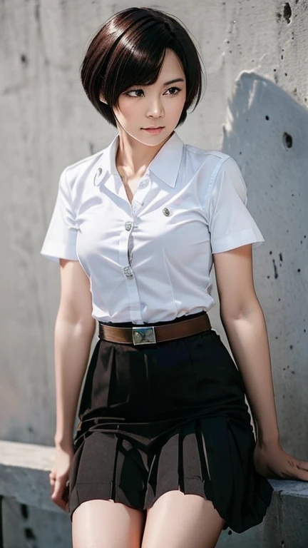 Pretty thai woman short hair  , tomboy , (8k, best quality, masterpiece, ultra highres:1.2) Photo of Pretty thai woman beautiful, beautiful enchanting fashion contemporary painting with , (1girl), (white shirt short sleeves), ((black long pleated skirt )), belt , realistic skin texture , round chin, 85 mm art lens, f 1. 2, sharp focus, 8 k high definition, insanely detailed, intricate, elegant , mid breasts , long pleated skirt black skirt 