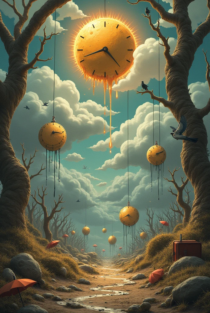 Surreal Scene, Melted clocks hang from trees, pigeons fly out of cloud closets, bat umbrellas and sewing machines, suns with faces spread flat on the ground, Surreal World,