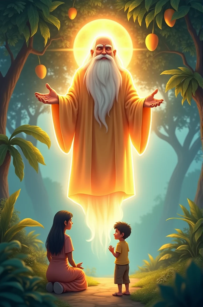 4k cartoon animation image दृश्य 5: साधू का प्रकट होनाPrompt: "A serene, glowing figure of a sage with a long beard and traditional attire, floating above the mango. The sage is smiling gently at the woman and her son, who look amazed and hopeful."