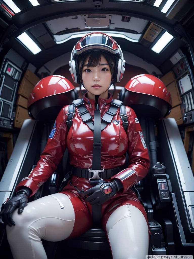 masterpiece, Highest quality, Very detailed, Japanese Android girl, Beautiful Japanese Women, Plump,Super huge breasts,Control panel,Android,cyborg,Blunt bangs,Sitting in the cockpit and piloting,The control stick is in the center of the seat.,Red pilot suit,Secured to the seat with a harness,Full-face helmet,
