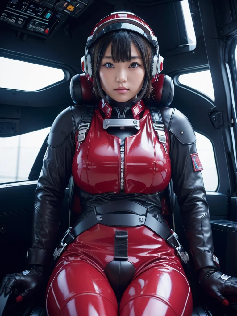 masterpiece, Highest quality, Very detailed, Japanese Android girl, Beautiful Japanese Women, Plump,Super huge breasts,Control panel,Android,cyborg,Blunt bangs,Sitting in the cockpit and piloting,The control stick is in the center of the seat.,Red pilot suit,Secured to the seat with a harness,Full-face helmet,