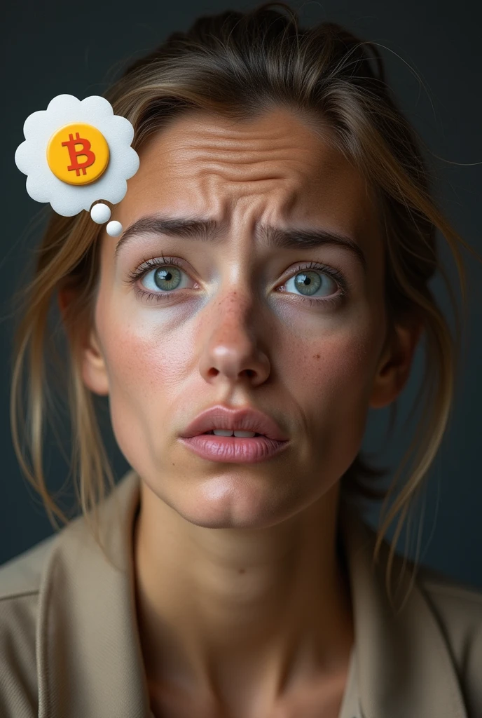 A close-up of the person speaking, with a slightly puzzled expression. A thought bubble or graphic icon of a Bitcoin symbol appears next to their head to illustrate the concept.