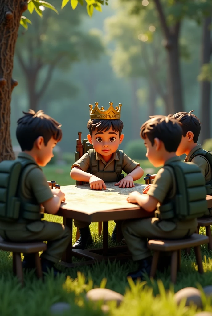  4 soldiers, two of them are white and the other two are black, soldiers have bulletproof vests and weapons hanging on their backs, they are seated around a table, on the table there is a map and the soldier in the middle has a crown on his head, the crown has the phrase "children of god" written on it, the middle soldier is pointing at the map, They are in a forest with few trees and a beautiful lawn well lit by the sun., a 3d and animated print, containing light effect, shadow and dimension.