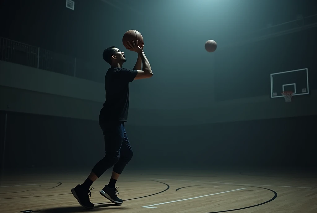 asian man practices shooting basketball alone in the gym. wearing a black shirt Wear navy blue pants Wearing black socks, wearing Kobe Protro 5