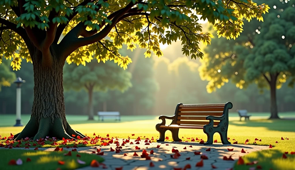 Quiet Park Bench: A lone park bench under a tree with fallen leaves scattered around. A gentle breeze and soft sunlight create a peaceful, serene environment