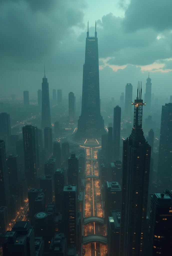 (photorealism:1.2), modern day dark fantasy city wide aerial shot 