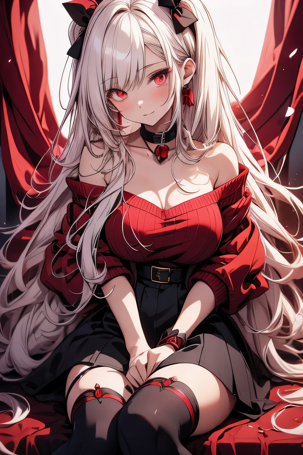 Beautiful anime woman with long white hair tinged with red and blood red eyes. Wearing a wine red sweater falling off her shoulders and exposing her collarbones, tucked into a high waist short black skirt, and dark stockings with high heels. A rose and some red ribbons decorate her hair, tying some of it back. Sitting down and posing for the camera. Rose petals fall around her.