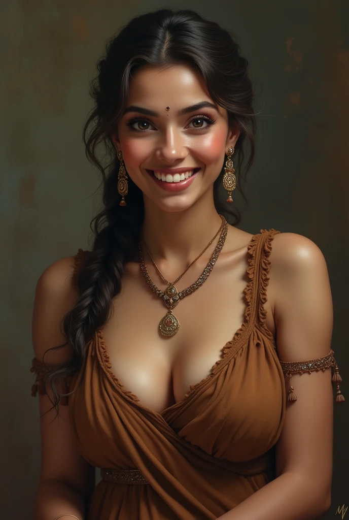 Rajasthani horse round face, white teeth, slight smile, small bindi on forehead, earrings in ears, redness on lips, brown clothes, big breasts, innocence like a cow, MP word on hand