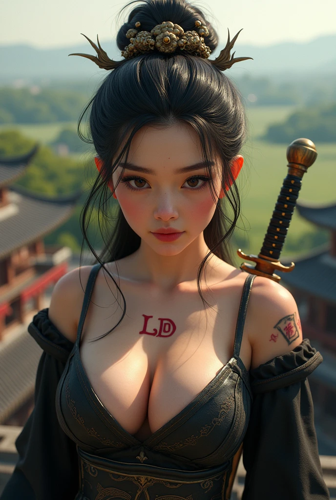 (high detail Chunky face), (PureErosFace), (plump body build), (very curvy), plus,(photoshot), pores, real skin,Tattoo with the text "LD" in red, hair band, flying hair, (black hair), ancient head ornament, hairpin, seductive, cynical look, affectionate eyes, glowing eyes, handsome scene, shadow, backlighting, soft natural volumetric cinematic perfect light,, chinese armor, sword, chinese architecture, grassland, tree, standing on the roof of the tallest traditional Chinese house,focus on the face