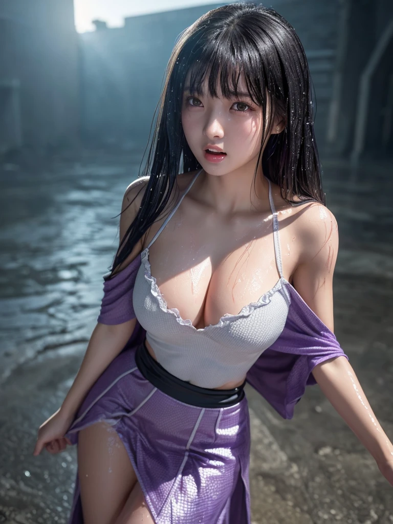 a very beautiful japanese girl, very cute high school girl assassin, detailed portrait of innocent 17-years-old virgin,　in the mountain, (off-shoulder silver breastplate), (purple long maxi-skirt:1.1), (purple arm cover, silver booties), ((full body, run away:1.1)), ((blush, she calls for aid, crying out in a loud manner, open mouth wide:1.1)), she was paralyzed with fear, (perfect body, cold sweat, body soaked in sweat), firm and elastic skin, lively faces, glowing lips, watery eyes, cute double eyelids and black eyes, cleavage, attractive thighs, glossy straight medium black hair, asymmetrical bangs, hair flutters, dark fantasy, photo-realistic, surreal, cinematic lighting, 32K, backlight, (bright light:1.2), (Improvement of quality:1.4), (Highest quality realistic textured skin:1.4),detailed eyes, detailed face, detailed hand,(Enhances the beauty of skin texture:1.1)