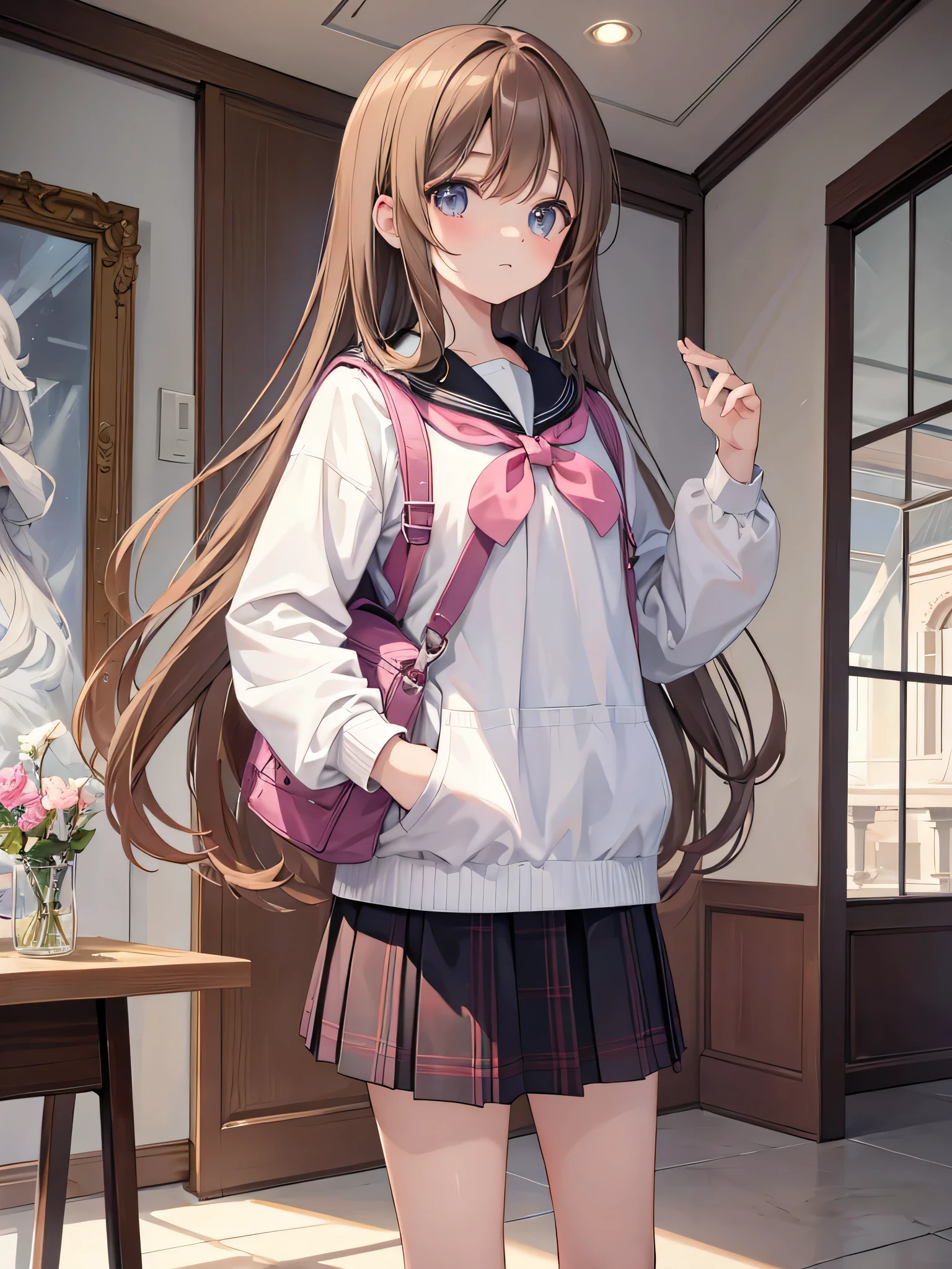 nsfw、clear eyes、8k、Top image quality、Masterpiece、perfect anatomia、12year old、(Black Thigh Socks:1.3)、(high ponytail:1.3)、(School Uniforms:1.2), (brown cardigan is fit body:1.4), ((do up a buttons, not loose):1.5), ((long sleeve, sleeves past wrists):1.2), (inner wear is white collared-shirt:1.3), (red plaid-pattern bow:1.3), (red plaid-pattern pleated skirt:1.3), (loafers):1.2),cowboy shot、huge tit、Lift skirt,Large open chest、Exposing white panties、、a smile、Focus on panties、