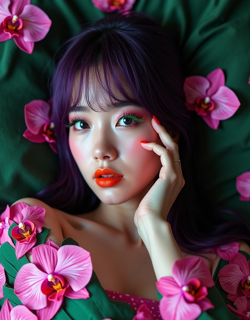A conceptual portrait of a Korean woman with a black and white face, only the left side of her cheek is touched by her hand. The rest of her body is covered with a collage of colorful orchid cutouts. She is lying on an Italian leather sofa. The background is monochrome. Her expressive eyes, accented by long neon green lashes and dark makeup, are fixed on the viewer. Her orange lipstick adds a bold pop of color. Her perfectly straight purple hair, frames her face in a captivating style