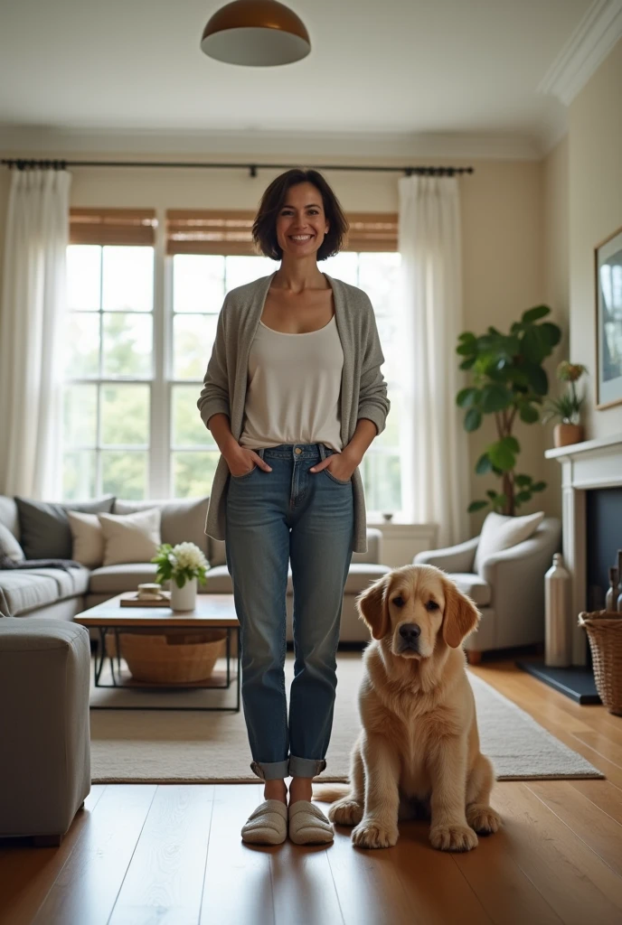 An American woman wearing slippers stands in a large living room, facing the camera, with a teddy dog squatting on the ground next to her
