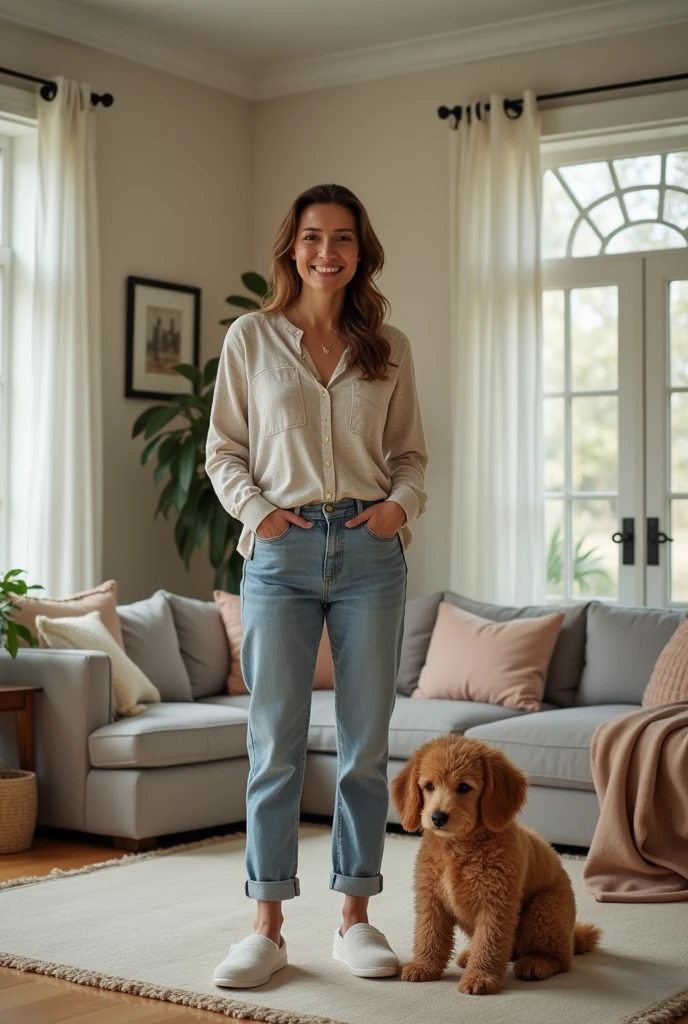 An American woman wearing slippers stands in a large living room, facing the camera, with a teddy dog ​​squatting on the ground next to her