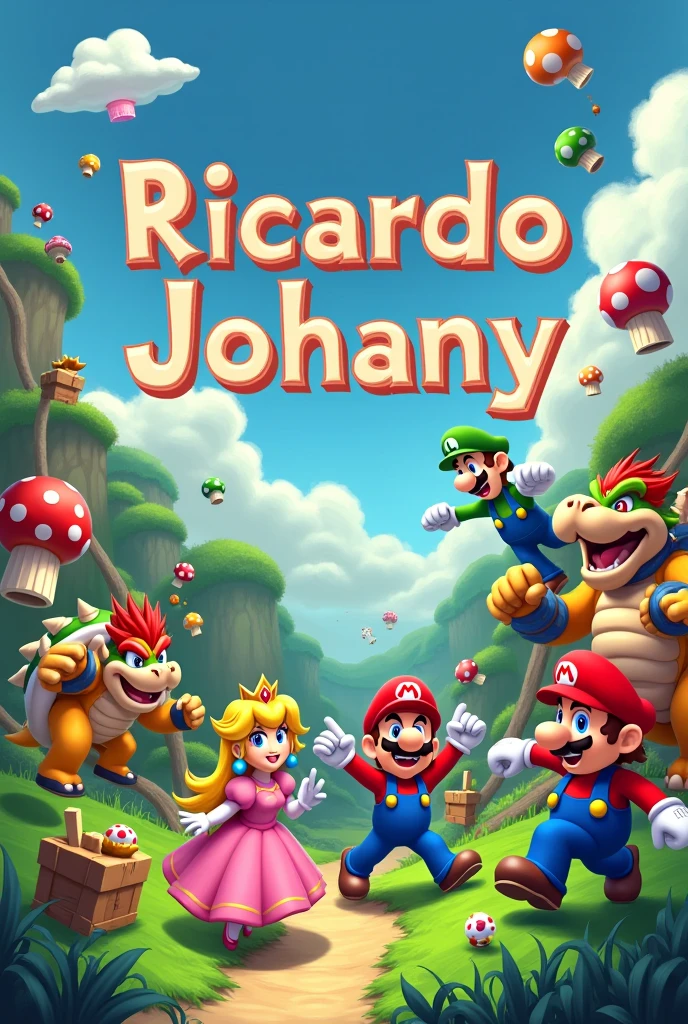 Create a background of mario bros characters with the words Ricardo Johany in the center in bold letters 